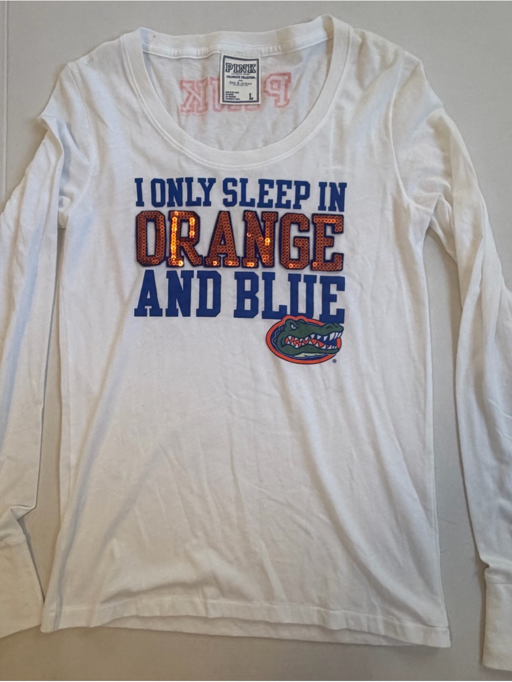 Victoria's Secret PINK Florida Gators Long Sleeve Tee Shirt White Sequin Size L